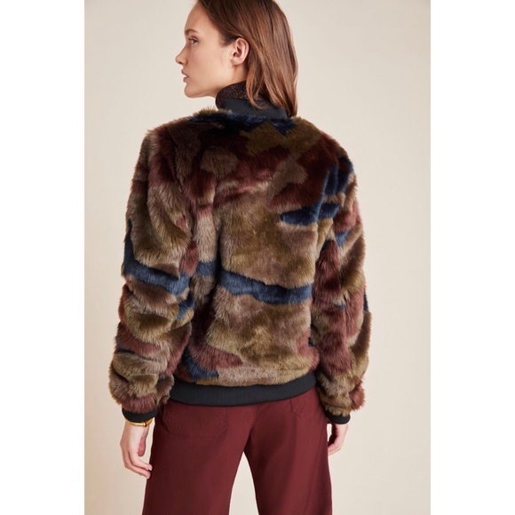 Anthropologie Camo Faux Fur Bomber Jacket New L - Picture 9 of 13